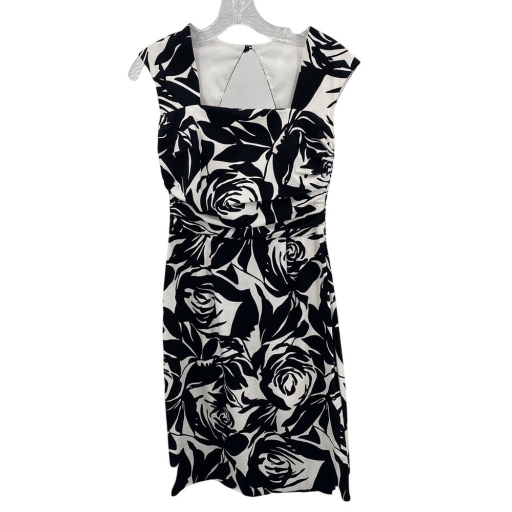 White House Black Market Floral Sheath Dress Black White Rose Cutout Back Sz 00